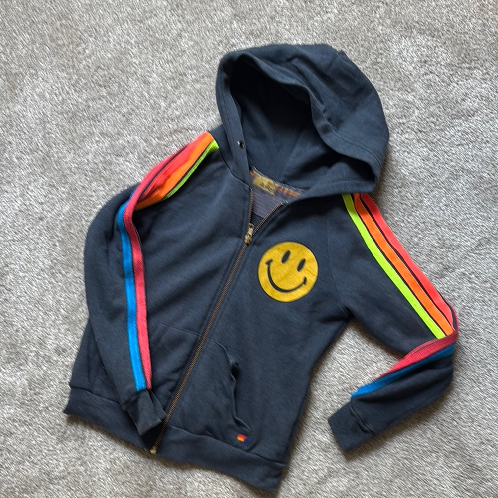 Kids dark grey Aviator Nation hoodie with 5 Stripes sleeves and Smiley